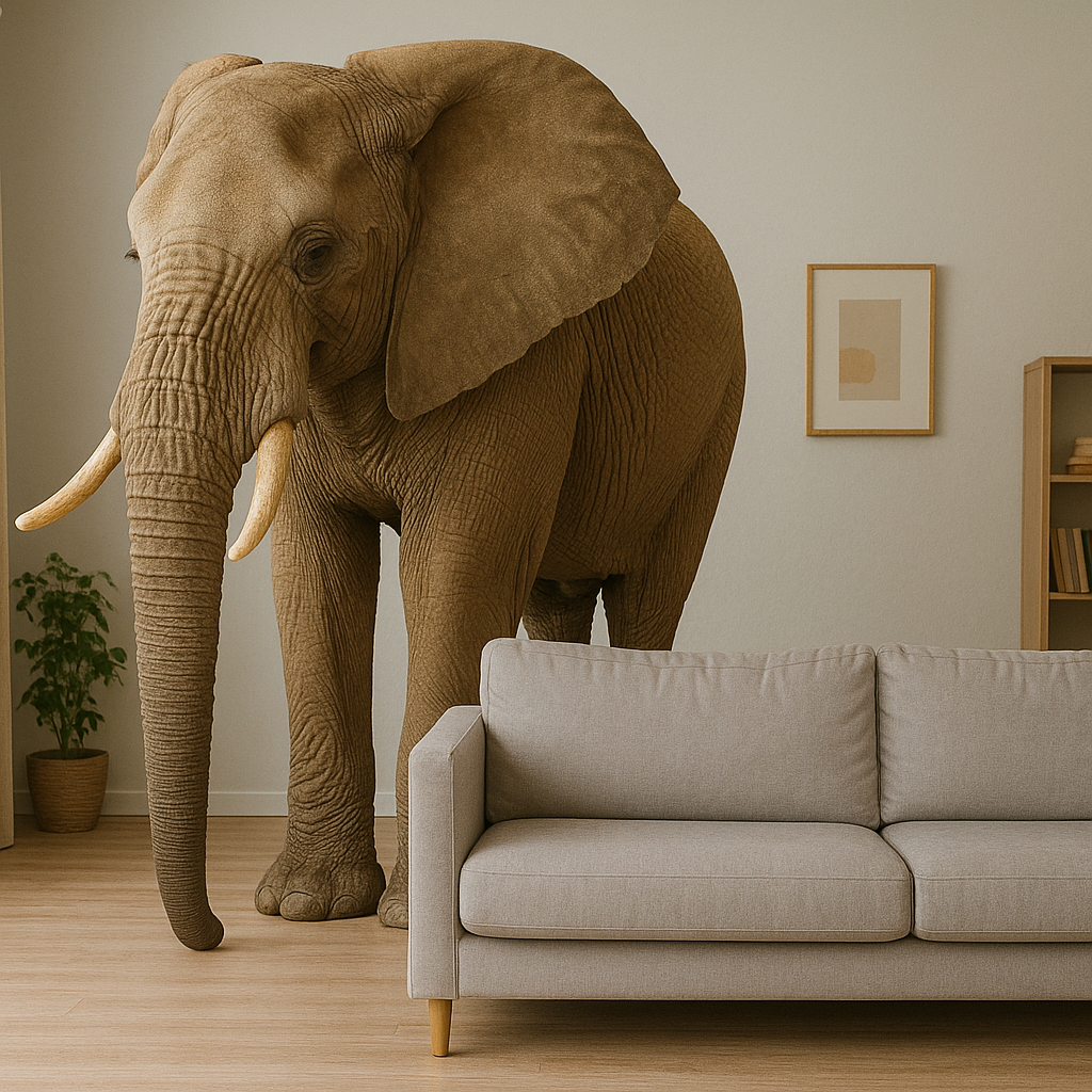 illustration of a literal elephant under a spotlight in a room symbolizing addressing objections head-on