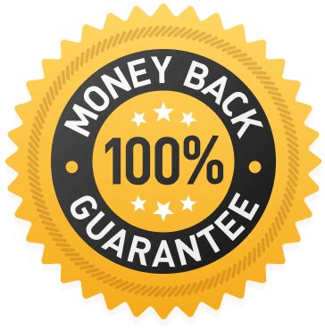 photo of a customer smiling holding a money back guarantee badge